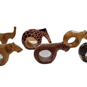 6 Hand Carved Wooden Safari Animals Napkin Holders EUC